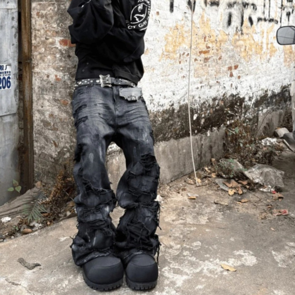 Japanese Archive Distressed Ripped Flared Bootcut Waxed Denim Jeans size 34